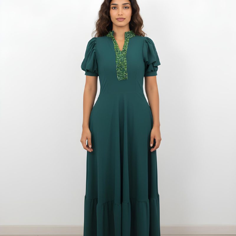 Oblayoo Cotton Crepe Balloon Sleeve Flow Dress